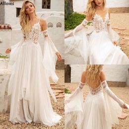 Flowying Chiffon A Line Wedding Dresses With Flare Long Sleeves Spaghetti Straps Lace See Through Sexy Bridal Gowns Open Back Country Beach Robes de Mariee CL2149