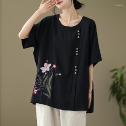 Women's T Shirts Chinese Style Cotton Linen Tees Tops Womens Loose Button Casual Clothes Pullover Summer Retro Embroidery Floral T-Shirt