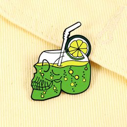 Brooches Pins Creative Drink Skull Cup Cartoon Lemon Green Juice Sparkling Water Enamel Holiday Beach Punk Jewellery Lapel Badges