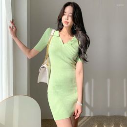 Casual Dresses Real Picture 2023 Summer Korean Style Fresh Slim Polo Neck Knit Bag Hip Dress
