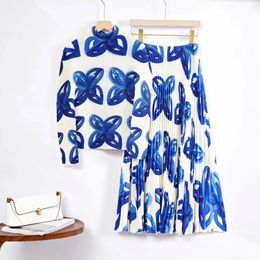 Two Piece Dress Sets Runway Autumn Two Piece Pleated Skirt Suit Women Flower Print High Stretchy Pullovers Tops Fashion Floral A-Line Skirts Sets 2024