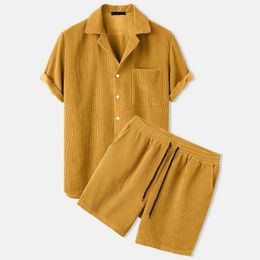 Men s Tracksuits Men Corduroy Sets Solid Colour Short Sleeve 2pcs Lapel Button Shirts Shorts Chic Summer 2023 Streetwear Mens Casual Suits S 5XL 230411