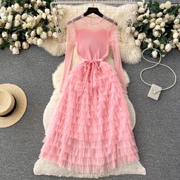 Basic Casual Dresses Elegant Autumn Spring Pink Mesh Tierred Ruffles Cake Dress High Quality Women Stand Collar Dot Tulle Lace Up Party Midi Vestidos 2024