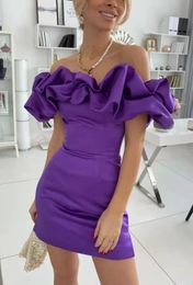 A-line Short Purple Prom Party Dress 2023 Off Shoulder Ruffles Satin Birthday Evening Gowns Robe De Soiree Vestidos Feast Customed