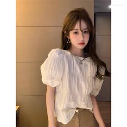 Women's T Shirts Syeazeam Women Shirt French Elegant T-Shirt Casual Chic Pleated Loose Bubble Sleeve Top Simple Versatile Trend Solid Female