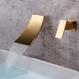 Bathroom Sink Faucets Waterfall Basin Faucet Wall Mounted Single Handle And Cold Mixer Tap In-wall Brass Gold