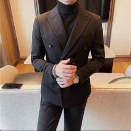 Men's Suits British Style Double-breasted Blazer Jacket Men Clothing Business Formal Wear Slim Fit Casual Tuxedo Suit Coats High Quality