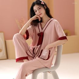 Women's Sleepwear Summer Autumn Women's Full Cotton Short Sleeve Pyjamas Set Loose Leisure Adult Women Long Pant Party