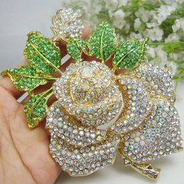 Brooches Crystal Brooch Fashion Rose Flower Bud Leaf Clear ABA Woman's Pin