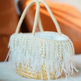 Evening bag White Ostrich Feathers Beach Bag Women Summer Handmade Pearls Bead