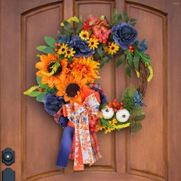 Decorative Flowers Spring Artificial Sunflower Wreath For Front Door Blue Summer Floral Welcome Sign Wall Home Decoration