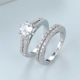 Band Rings Luxury Crystal White Zircon Engagement Rings Boho Silver Color Wedding Ring Sets Classic Six Claw Round Stone Ring Set For Women AA230412