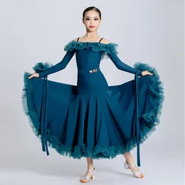 Stage Wear Girls Peacock Blue Tango Ballroom Competition Dress Off-Shoulder Standard Dancing Performance Costume Bodysuit Skirt VDB7662