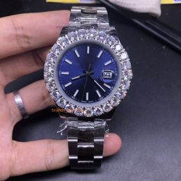 Men's Silver Stainless Steel Boutique Watch Blue Large Dial Prong Set Diamond Bezel Diamond Fashion Hot Selling Watches Automatic