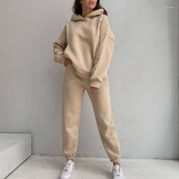 Women's Two Piece Pants Casual Women Basic Fleece Sets Hooded Pullover Sweatshirt And Pencil Pant Suit Autumn Winter Streetwear Tracksuit