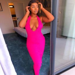 Casual Dresses BKLD Women 2023 Sexy Deep V-neck Backless Cotton Off Shoulder Bodycon Party Clubwear Slim- Demure Rose Pink Fashion Long