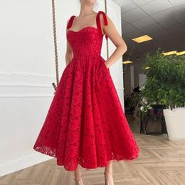 Party Dresses Women Red Lace Prom Gowns A-Line Sweetheart Straps Draped Pockets Saudi Arabia Evening Dress Custom Made