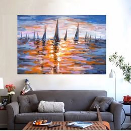 Classic Sailboat Oil Painting Print on Wall Art Canvas Poster for Living Room Decoration Sunset Seascape Painting Home Decor