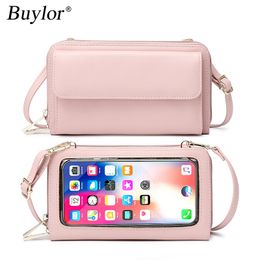 Evening Bags Buylor Touch Screen Phone Women's Bag PU Leather Crossbody Shoulder Strap Handbag for Women FID Antitheft Brush Long Wallet 230412