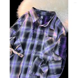 Men's Hoodies American Style Retro Purple Plaid Patchwork Long Sleeved Shirt Men And Women Trendy Cave Breaking Wind Spring Autumn Coat