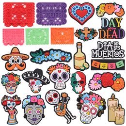 Wholesale 100Pcs PVC Dead Day Skull Flower Candle Grave Heart Wine Guitar Shoe Charms Man Woman Buckle Decorations For Bracelet Button Clog