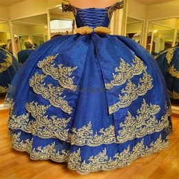 Sixteen Blue Quinceanera Dresses With Gold Appliques Off Shoulders Ball Gown Fifteen Birthday Party Dress Lace Up Cinderalle Vestidos Debutantes Masquerade