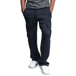 Men's Pants Mens Solid Color Cargo Loose Wide Leg Straight Trousers Elastic High Waist Outdoor Sport Trouser Trendy Overalls Sweatpant