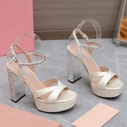 Elegant Sandals chunky Heel Platform Wedding Shoes 12.5CM High Heels Rhinestone Luxury Designer Classic Dress Shoe Fashionable Silk Strap Buckle