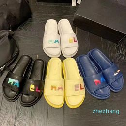 2023-Small Incense Wind Rainbow Letter Buckle Cowhide Slippers New Thick Bottom Outside Wear Everything Casual Beach Sandals Men and Women with The Same Style