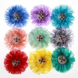 Hair Accessories 60PCS 10CM 3.9inch Chiffon Flowers With Big Pearl Rhinestone For Headbands Fabric Clips