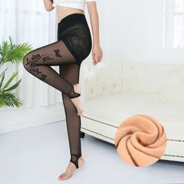 Women's Leggings Perspective Fleece Lined Trendy Mesh Lace Thermal Floral Winter Pantyhose Women Girl