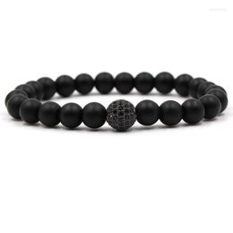 Strand 8mm Matte Black Stone Beads Bracelet Pave CZ 4 Colour Ball For Women&Men Jewellery Handmade Personality Pulseras