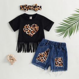 Clothing Sets Summer Toddler Girls Clothes Baby Kids Children Suits Short Sleeve Leopard Heart Print Tops Denim Shorts Headband 230412