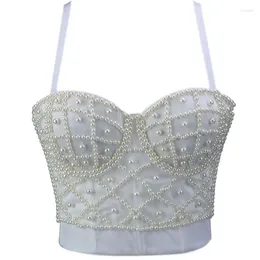 Women's Tanks QIWN Women Sleeveless Crop Top Sexy Pearl Beaded Bustier Push Up Corset Club Bralette