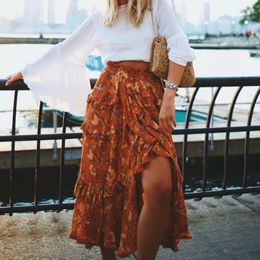 Skirts Happy Queen Fashion Women's Hippy Beach Bohemian Flower Print Ruffled Skin High Elastic Waist Maxi A-Line Bohemian Leather Women's 230412