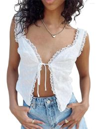 Women's Tanks Women Summer Tank Tops Sleeveless Solid White Lady Tie-Up Front Slim Fit Eyelet Crop