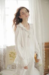 Women's Sleepwear Autumn Princess Pajamas Long Pants Set White Cotton Nightshirt Vintage Nightgown