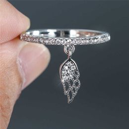 Band Rings White Zircon Small Round Stone Ring Vintage Gold Silver Colour Wedding Ring Cute Angel Wing Pendant Rings For Women Bride Jewellery AA230412