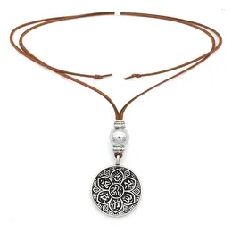 Pendant Necklaces Womens Vintage Cashmere Leather Rope Flower Long Casual Sweater Chain Necklace Female Buddhist Coin Jewelry