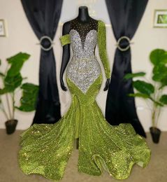 Green Sequins Mermaid 2023 Prom One Shoulder High Front Split Perals Formal Second Reception Birthday Party Gowns Dresses Robe De Soiree