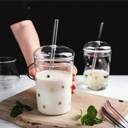 Mugs 460ml Heat Resistant Glass Cup Transparent Coffee Mug With Lid&Straw Home Milk Juice Flower Tea Travel Drinking306b