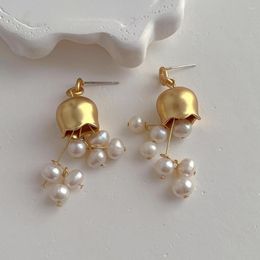 Stud Earrings Metal Bell Orchids Pearl Pendant European American Style Personality Fashion Ms Girl Travel Accessories