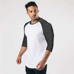 Men's T Shirts Autumn Mens Fashion Three Quarter Sleeve Fitness T-shirt Men Solid Patchwork O-neck Gym Male Slim Fit Tee