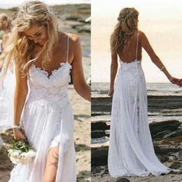 Vestido de noiva de praia de praia longa tiras de espaguete com renda sem mangas e vestidos de noiva de chiffon