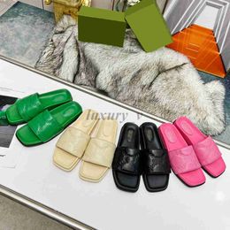 Designer Embroidery Slippers Sewing Seam Slipper Women Square Toes Slides Brand Leather Sandals Rubber Sole Flats Summer Flip Flops