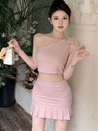 Work Dresses Korean Fashion Sweet Diamond Two Piece Set Women Sleeveless Sexy Crop Top Bodycon Skirt Suit Girl 2 Outfit