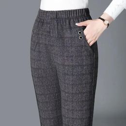 Women's Pants Korean Fashion Women Vintage Slim Spring Autumn Streetwear Elastic High Waist Stripe Plaid Straight Casual Trousers N58