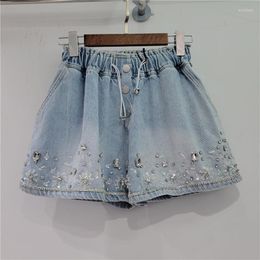 Women's Jeans 2023 Summer Short For Women Heavy Embroidery Sequins Diamond HWide-Leg Denim Shorts Women's Elastic Waist Jean Pants