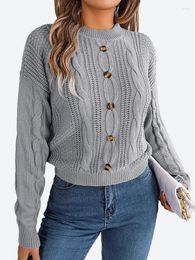 Women's Sweaters Benuynffy Women Button Front Short Fashion Long Sleeve Crew Neck Cable Knitted Casual Fall Pullover Jumper