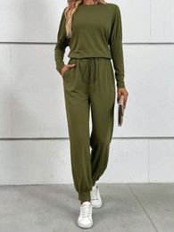 Women's Two Piece Pants Finjani Suits Drop Shoulder Tee & Drawstring Waist Sweatpants Long Sleeve Round Neck Clothing For Autumn